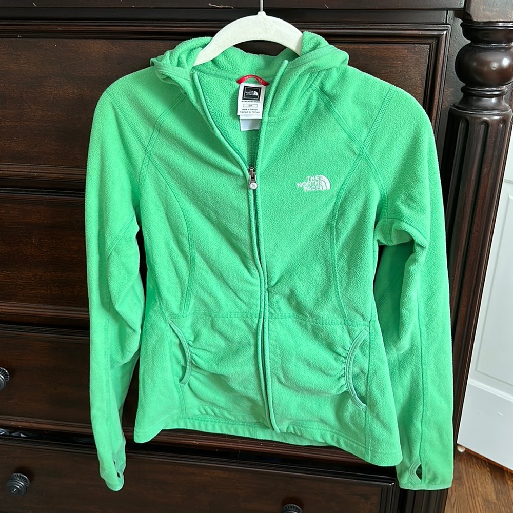 North Face green fleece hoodie. Size small. Full zip. Thumbholes.